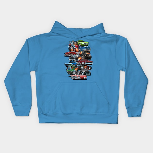 Car Madness! Muscle Cars and Hot Rods Cartoon Kids Hoodie by hobrath